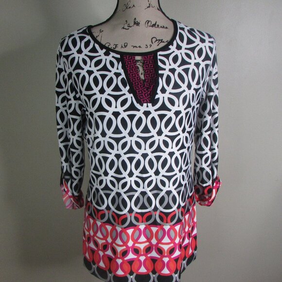 New Directions Blouse S Geometric Tab Sleeve - Picture 1 of 11